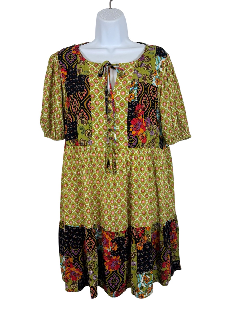 Ces Femme Boho Patchwork Babydoll Dress Medium Green Floral Rayon Cottagecore